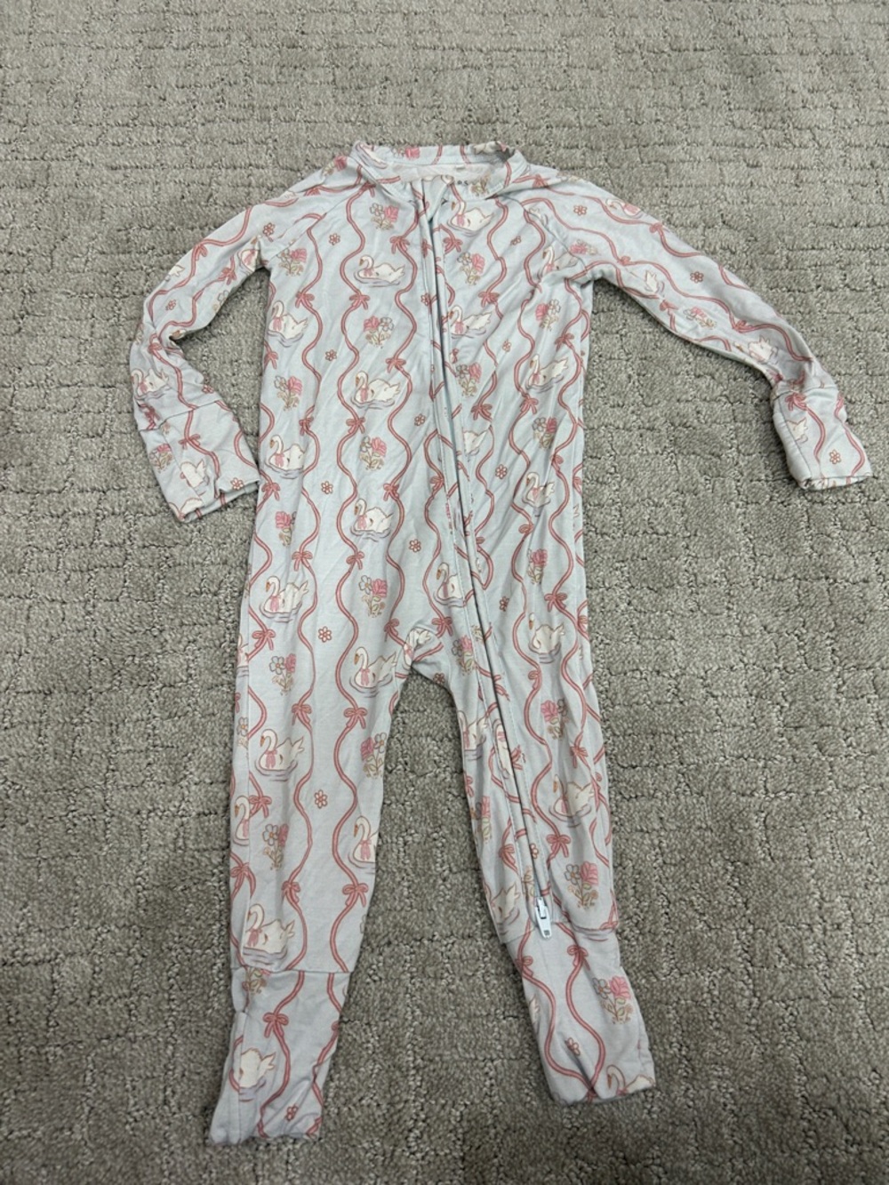 Girls' Cream and Pink Swan Footed One-Piece Pajama